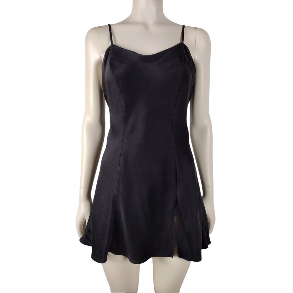 Vintage 1990s Victoria's Secret Black Silk Side Slit Bias Cut Mini Slip Dress